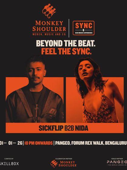 The official poster for the SYNC B2B experience in Bengaluru, featuring Sickflip and Nida.