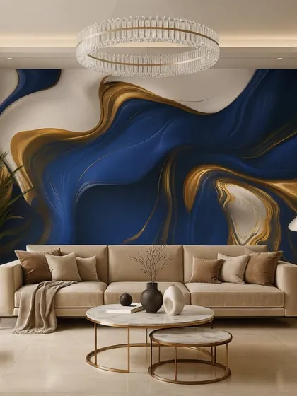 A beautiful abstract wallpaper with flowing waves of royal blue and gold. This design adds a touch of artistic drama and luxury to the space.