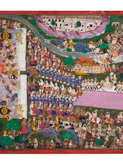 We handle works of deep cultural and historical importance, like this mid-18th century 'Dussehra Procession' from the Kota School. This large gouache on paper offers a detailed narrative of royal celebrations and Ramlila, rendered with natural pigments.