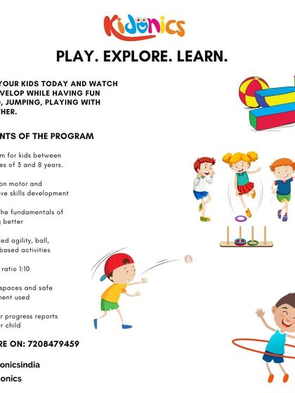 Play. Explore. Learn. That's our motto! This graphic outlines the key points of our program, which focuses on motor and cognitive skill development for kids aged 3 to 8 through fun, agility-based activities.