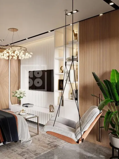 A closer view of the hanging swing chair, a unique feature that adds a touch of playful comfort to this modern bedroom. It's an invitation to unwind and escape.