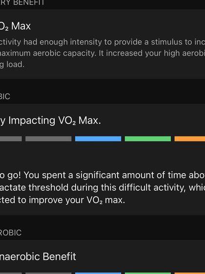 This screen shows a workout that was highly impacting to my VO2 Max. We target specific training zones to provide the right stimulus for increasing your maximum aerobic capacity.