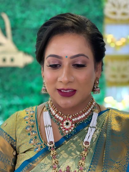 A close-up of the makeup, which is perfect for an evening reception.