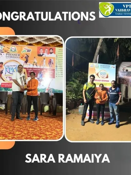 A graphic celebrating Sara Ramaiya's title win in the U-13 girls category at the Uttar Mumbai Krida Mahotsav. We love to highlight and share our players' achievements.