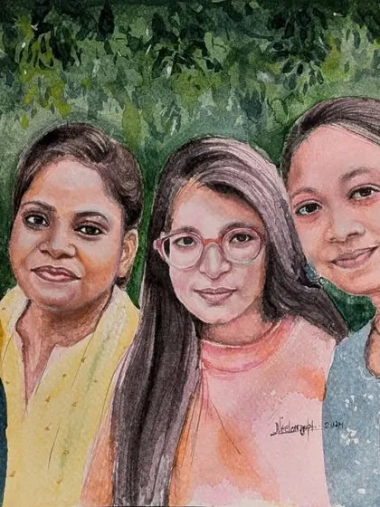 A friendship captured forever in soft, dreamy watercolors. This group portrait was a special commission to celebrate a timeless bond, painted to reflect the warmth and happiness of their connection.