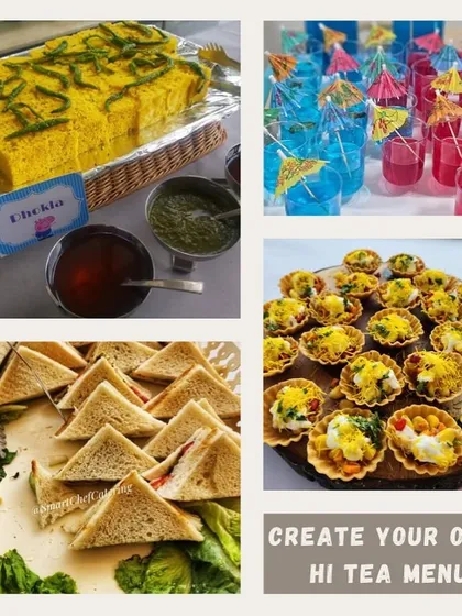 Your party, your menu. This collage shows just a few options you can choose from when you create your own hi-tea menu with me, including dhokla, chaat tarts, sandwiches, and refreshing drinks.