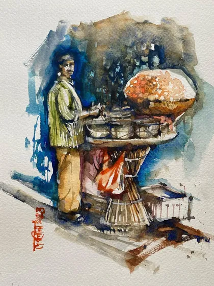 A small watercolor sketch celebrating the love for 'paani puri' or 'fuchka'. This piece is a tribute to one of India's most beloved street foods.