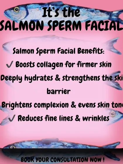The Salmon Sperm Facial has incredible benefits. It boosts collagen for firmer skin, deeply hydrates, strengthens the skin barrier, and reduces fine lines and wrinkles.