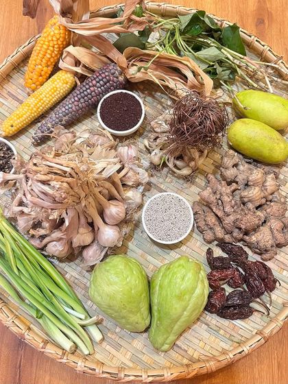 A closer look at our ingredient platter, showing the variety of items we use. From sticky black corn to dried Zanthoxylum seeds, each element adds a unique taste that is distinctly Naga.