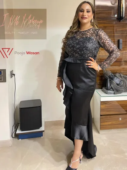 Another angle of this classy party style, showing how the soft curls and flawless makeup create a look of effortless sophistication, perfect for any formal celebration.