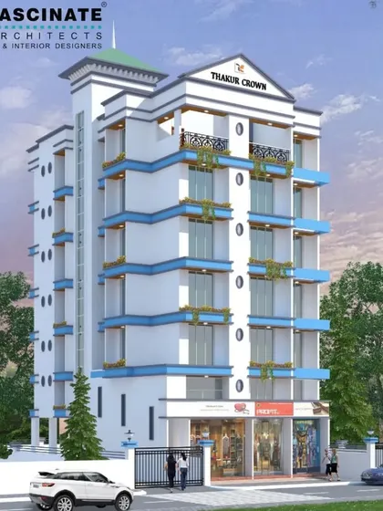 The completed "Thakur Crown" residential apartment building in Taloja. This design incorporates classic architectural elements with modern sensibilities, featuring prominent cornices and decorative railings across its 23 flats and commercial units.