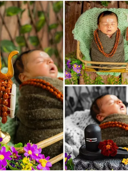 A collage showing different angles and setups from a single Mahadev-themed session. This demonstrates the variety of shots we can achieve within one creative concept.