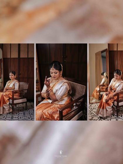 A triptych showing the mother getting ready, applying makeup, and sitting elegantly in a classic room. This series tells the story of her preparation for the day's celebration.