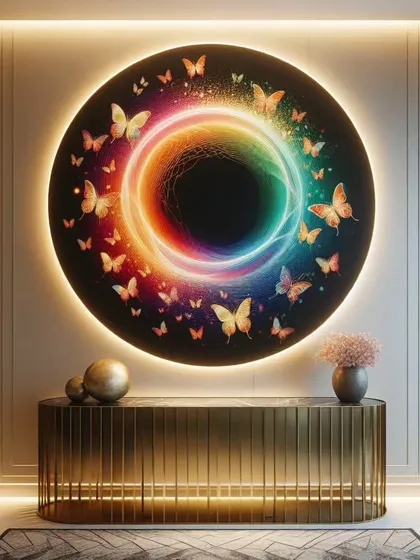 We help you create immersive art experiences in your home. This backlit circular installation, featuring a swirl of butterflies, transforms a foyer into a captivating entrance, demonstrating our custom art advisory and installation services for unique spaces.