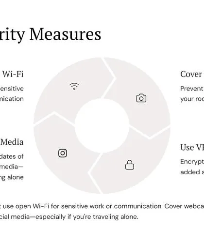 Digital security is also crucial, especially when traveling. Avoid open Wi-Fi, cover webcams, limit social media updates about your location, and use a VPN to protect yourself from digital threats.