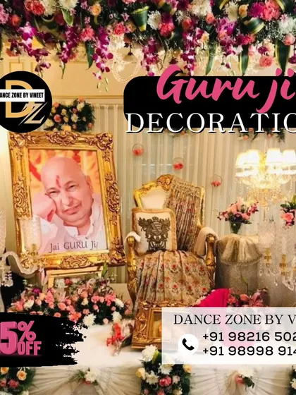 We provide serene and divine decoration for spiritual gatherings. This Guruji satsang setup includes a royal seat, elegant floral arrangements, and ambient lighting to create a peaceful atmosphere for devotion.
