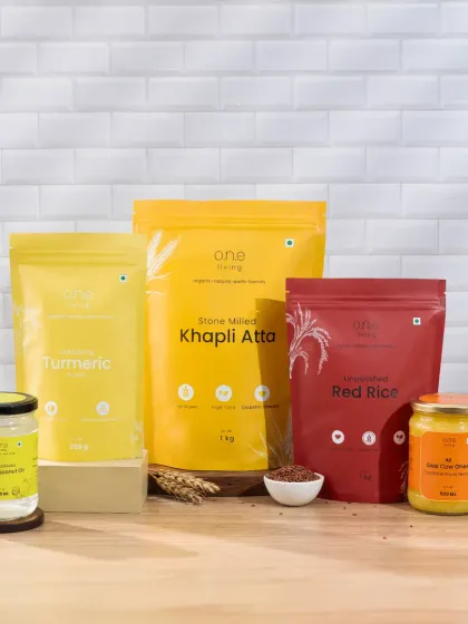 We created this clean kitchen setup to showcase these organic pantry staples in a real life environment. The white tile background and wooden countertop give it a modern yet rustic feel, with soft shadows adding depth.