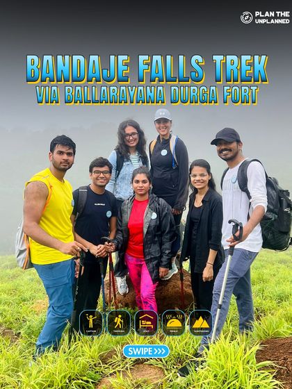 A group of trekkers on the trail for the Bandaje Falls trek, with trekking poles ready.