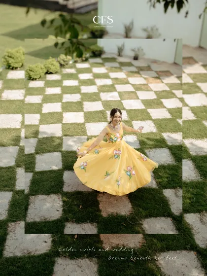 The pure joy of a Haldi ceremony, captured in a swirl of vibrant yellow. We love framing these moments of uninhibited fun and laughter that make Indian weddings so special, from the twirls to the dancing.