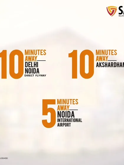 This graphic showcases the excellent connectivity of our projects. It highlights the short travel times to key locations like Delhi, Akshardham, and the upcoming Noida International Airport, making it a convenient destination.