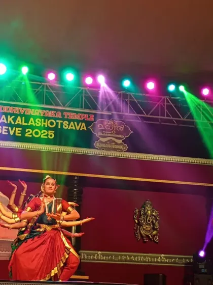 A powerful depiction of the goddess during our performance at the Madhur Madaneshwara Brahmakalashotsava. We specialize in choreographing and performing pieces based on mythological themes and deities.