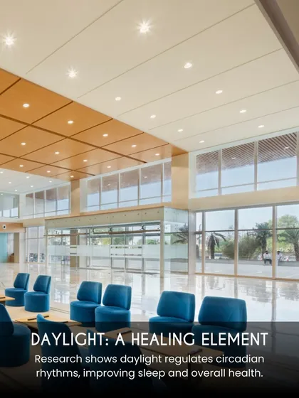 Research shows that daylight regulates circadian rhythms, improving sleep and overall health. This waiting area is designed with floor-to-ceiling windows to maximize natural light exposure for patients and visitors.