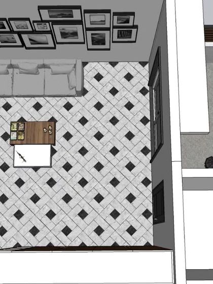 A top-down 3D view of an ongoing project in Prashant Vihar, showing the layout of the indoor lounge area with furniture and flooring.