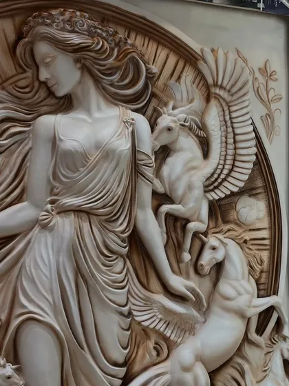A close-up of the delicate features on this custom 3D sculpture. Every fold in the fabric and strand of hair is carefully crafted to bring the artwork to life.
