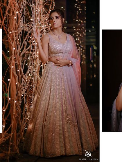 A portrait of the bride by the poolside, with the twinkling lights creating a magical effect.