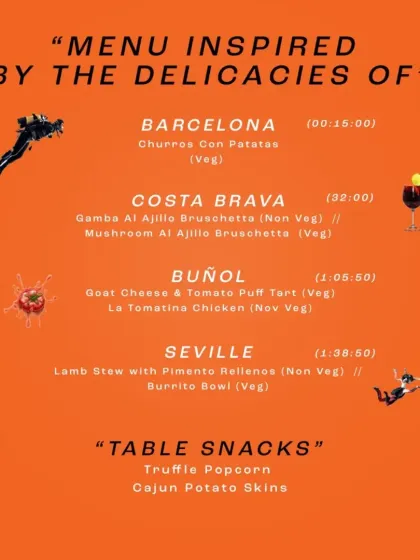 Our ZNMD menu, presented with a vibrant orange theme that matches the energy of Spain. The timestamps next to each course show our commitment to serving each dish in perfect sync with the film.