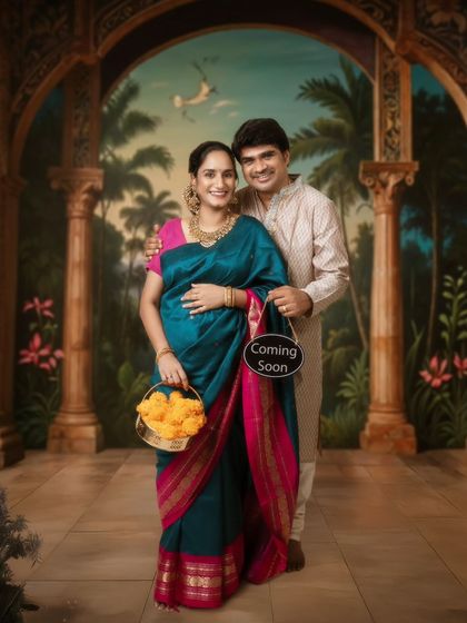 An announcement fit for royalty. Inspired by India's rich heritage, this enchanting scene celebrates the union of love, culture, and new life with a "Coming Soon" message.