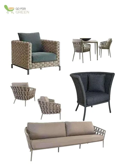 A collage showcasing the variety within our rope and wicker lounge collections. You can see different styles of sofas and armchairs, from minimalist rope designs to more substantial woven pieces, all available for customization.