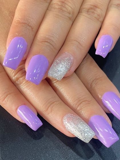 A pretty lavender set with silver glitter accent nails for a pop of sparkle.