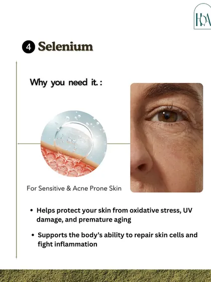 Selenium is crucial for sensitive and acne-prone skin. It helps protect your skin from oxidative stress and UV damage while supporting the body's ability to repair skin cells and fight inflammation.