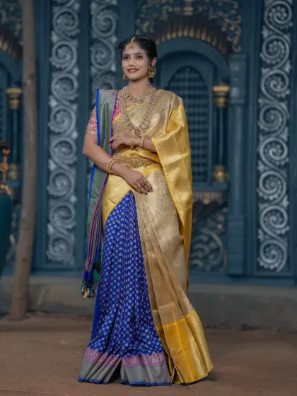 A student's work on a half-saree look with a modern twist.