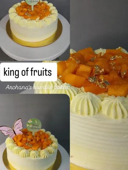A fresh mango cake, perfect for the summer season. It's topped with fresh mango chunks and edible gold leaf.