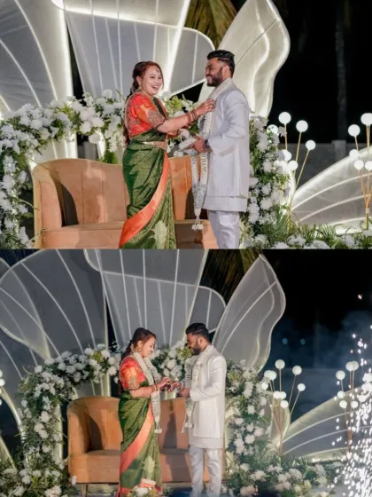 A dramatic stage reveal for an engagement, combining a modern, illuminated backdrop with perfectly timed cold pyro sparklers for a memorable climax.