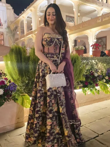 A beautiful floral lehenga for a night event in Jaipur. The intricate design and rich colors were perfect for a royal Rajasthani wedding.