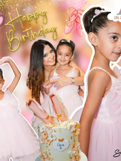 A beautiful moment from a ballet-themed birthday party. The birthday girl and her family celebrate with a stunning cake decorated with ballet slippers.