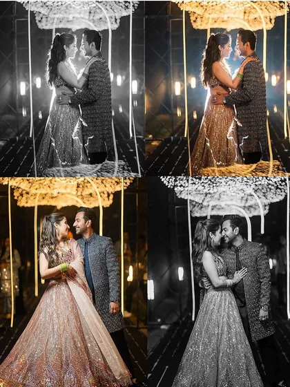 A collage of the couple's Sangeet portraits, showing their look in both color and black and white. The shimmer and texture of their outfits look stunning in any light.