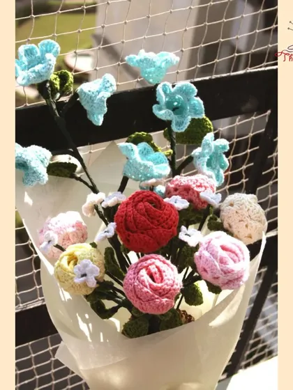 Another view of a full crochet flower bouquet, ready to be gifted. A unique and thoughtful present for a loved one.