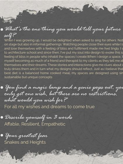 A deeper insight into Shruti Dimri's thoughts and inspirations. She aims to design spaces that evoke a feeling of bliss and fulfillment, much like listening to a soulful song.