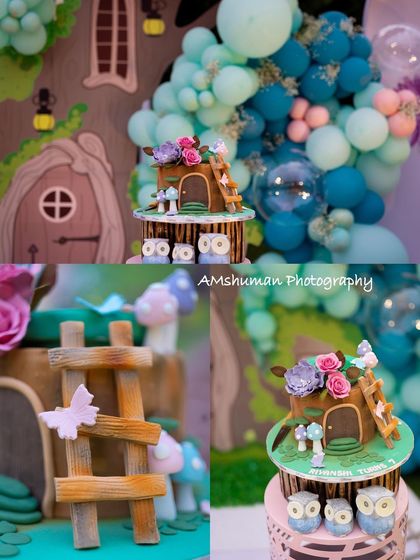 Details make the dream work. This collage shows close-ups of the artisanal woodland cake, featuring a tiny ladder, delicate flowers, and fondant owls, all set against the custom treehouse backdrop and balloon garland.