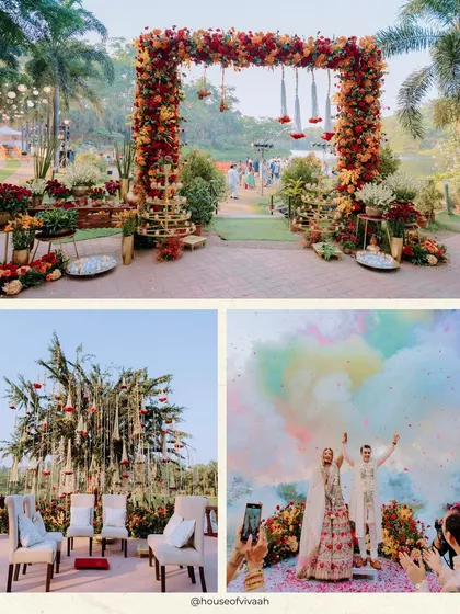 A collage of a serene wedding at Oleander Farms, featuring a floral arch entrance, a mandap set under a tree with hanging floral strings, and the couple's joyful color-smoke exit.