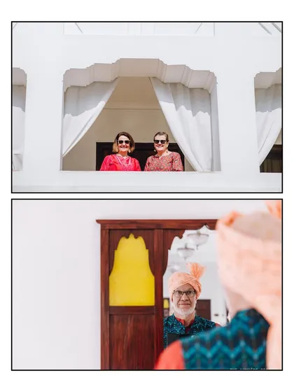 Moments from a Lucknow wedding, where family from across the world gathered. Guests watch the ceremony from a jharokha window, and a father looks on with pride, showcasing the intimate family moments of a destination event.