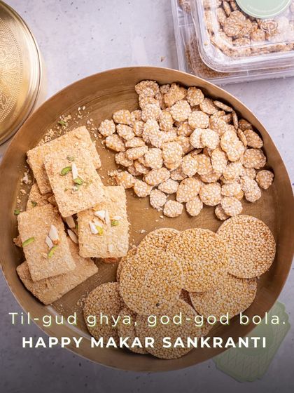 "Til-gul ghya, god-god bola." This traditional Makar Sankranti platter features my homemade gajak, til papdi, and revdi, made to be shared for a sweet and auspicious start to the harvest season.