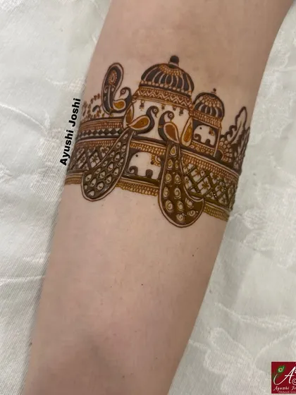 A startup idea for a bridal armband, featuring royal palaces, peacocks, and elephants. This shows the basic structure before filling.