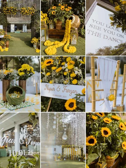 A collage of our Haldi decor details. From personalized signage and sunflower arrangements to elegant chair ties, every element is thoughtfully designed to fit the yellow theme.