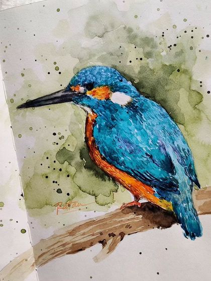 A watercolor sketch of a bright turquoise kingfisher. I actually used non watercolor paper for this, and I love the raw texture and effects it created.