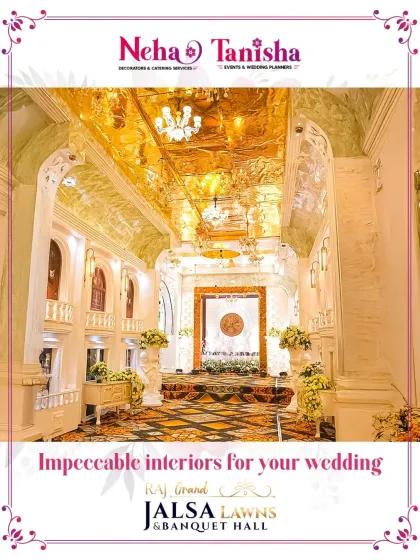 We transform our banquet halls into palaces fit for royalty. The golden-tiled ceiling, grand arches, and impeccable lighting at Raj Grand Jalsa Lawns provide a stunning canvas for the most luxurious wedding celebrations.